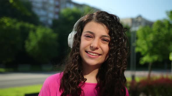 Smiling Girl Listening Music Headphones Outdoor alt