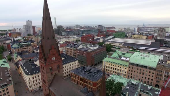 Aerial Shot of Church in Malmö City in Sweden