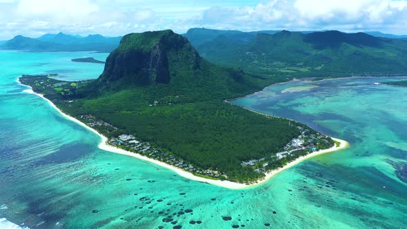 Aerial view of Mauritius island panorama and famous Le Morne Brabant mountain, beautiful blue lagoon alt