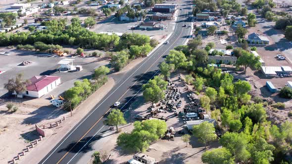 Top view of a street warehouse, junkyard in a small border town. Beatty, Nevada alt