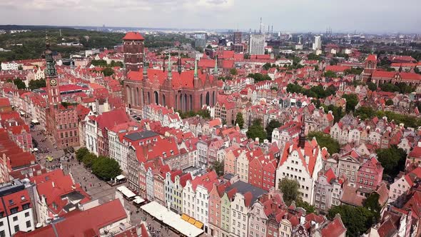 Gdansk Old Town Aerial Shot. Bazylika Mariacka and surrounding buildings. Gdansk City Drone Footage