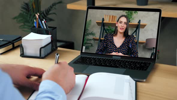 Smart beautiful woman tutor in laptop screen talk speak teaches by remote webcam alt