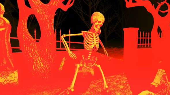 4K Red and yellow skeleton dancing in a cemetery