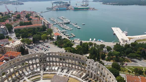 Pula, Croatia: Aerial bird's eye view over Roman Arena in Pula, Istria, Croatia .Beautiful aerial sh alt