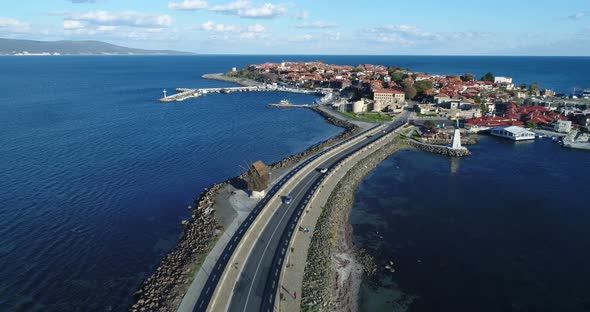 4K aerial footage of Nessebar, ancient city on the Black Sea coast of Bulgaria. alt