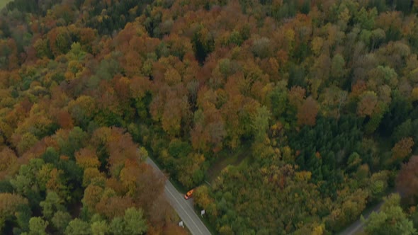 Look down panning shot from a monastery next to a forest in autumn down to a green meadow alt
