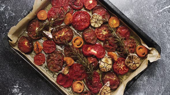 Metal Tray with Roasted with Garlic and Herbs Different Color and Kinds Tomatoes