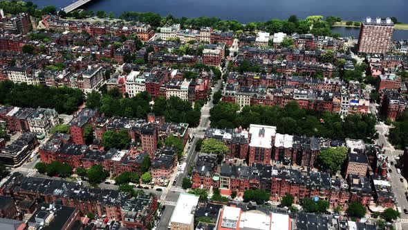 Description: Boston aerial of the Back Bay brownstone houses next to Newbury Street and the Charles alt