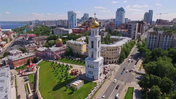 Beautiful Area of Monastery with High Orthodox Bell Tower in Big City Aerial View