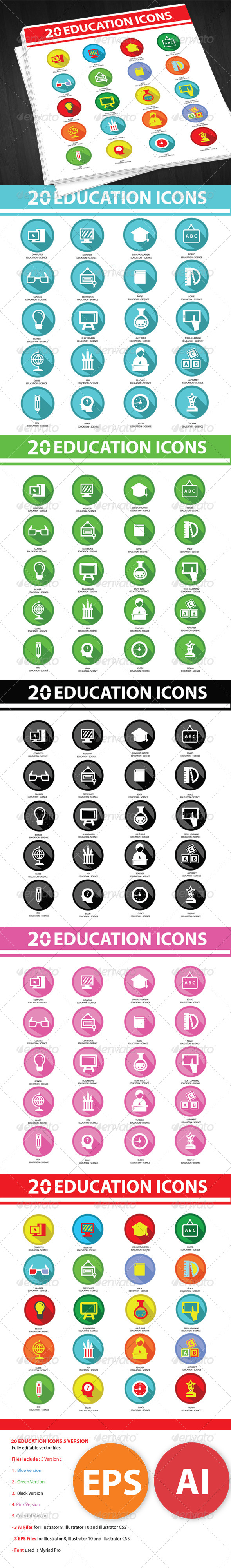 20 Education Icons With 5 Versions - Icons