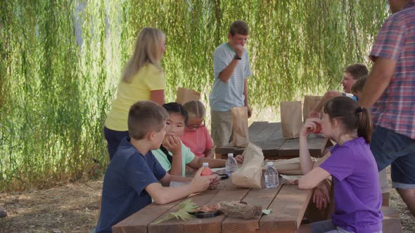 Kids at outdoor school having lunch together