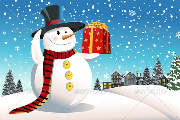 Snowman holding Christmas Present - Christmas Seasons/Holidays