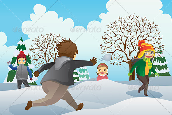 Children Playing Snowballs - People Characters
