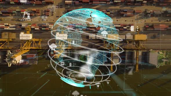 Shipping Harbor Aerial View with Graphic of Network Technology Modernization alt