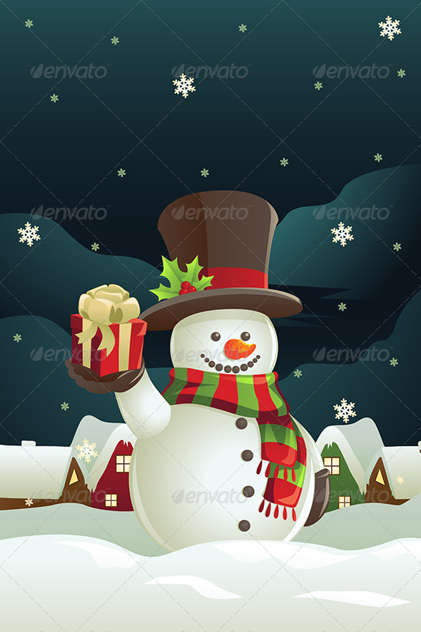 Snowman holding Christmas Present - Christmas Seasons/Holidays