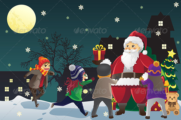 Santa Claus giving out Christmas Presents to Kids - Christmas Seasons/Holidays
