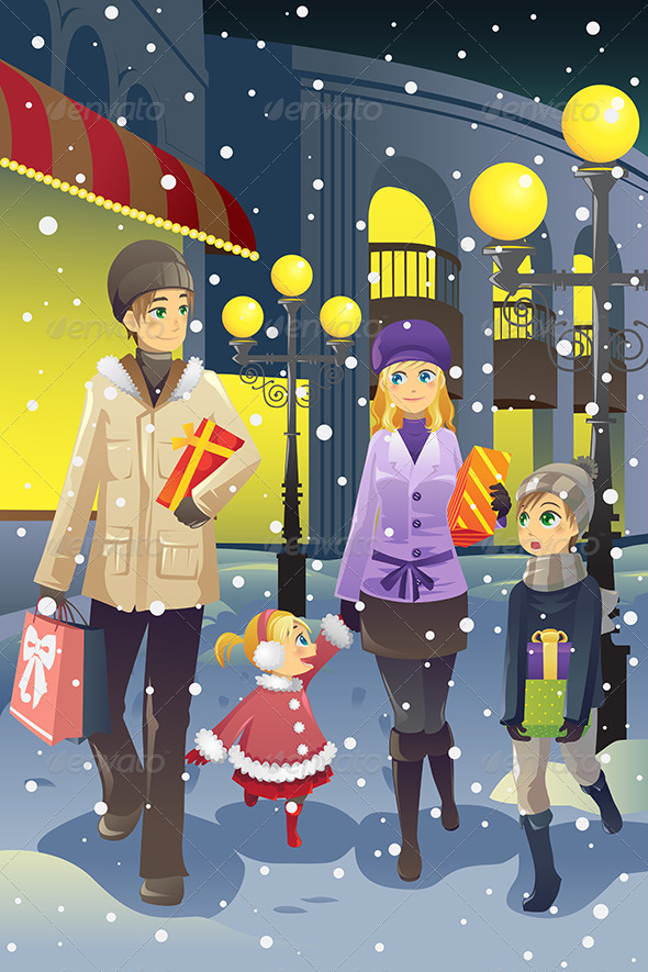 Shopping Family in Winter - Christmas Seasons/Holidays