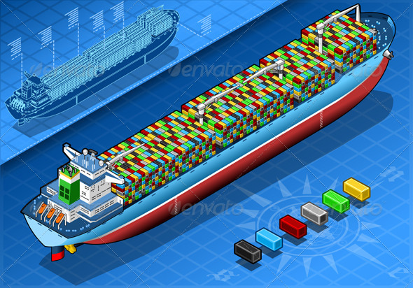 Isometric Cargo Ship with Containers Isolated - Objects Vectors
