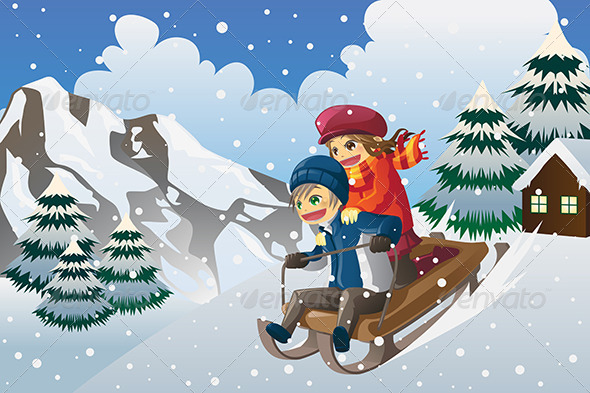Kids Sledding in the Snow - Christmas Seasons/Holidays