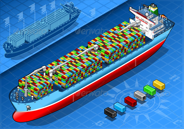 Isometric Cargo Ship with Containers Isolated - Objects Vectors