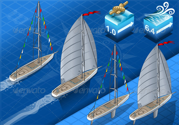 Isometric Sailships in Navigation in Rear View - Objects Vectors