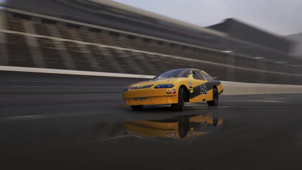 High speed racing car driving and drifting around racing track. Following camera alt