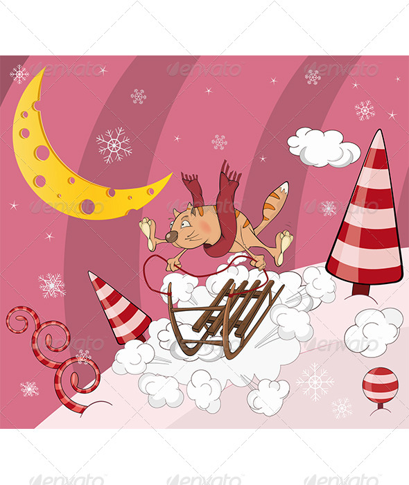 Cat on Sledge Cartoon - New Year Seasons/Holidays