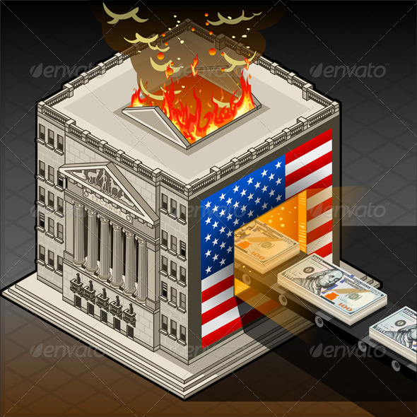 Isometric Stock Exchange Burning Dollars - Buildings Objects