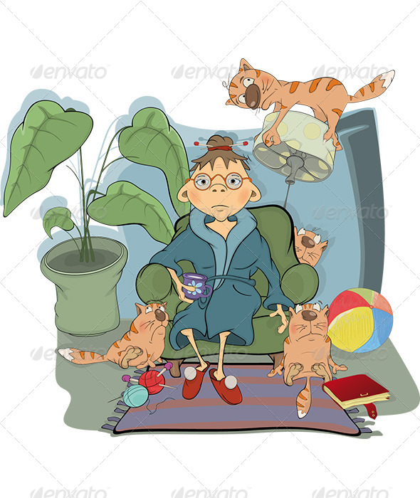 Grandmother and Her Cats Cartoon - Characters Vectors
