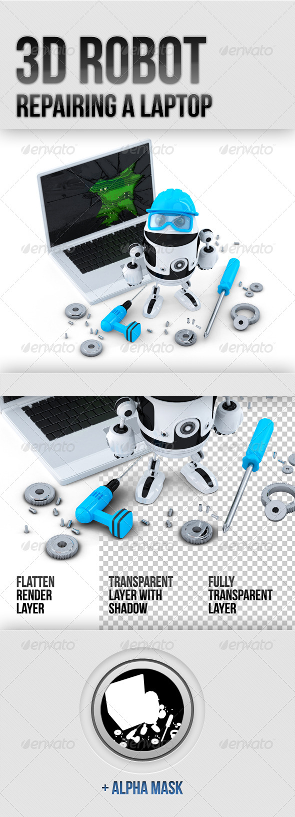 3D Robot Repairing Laptop - Characters 3D Renders