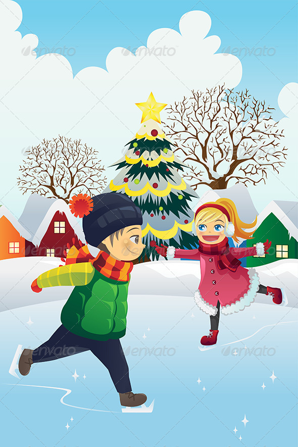 Kids Playing Ice Skating - People Characters
