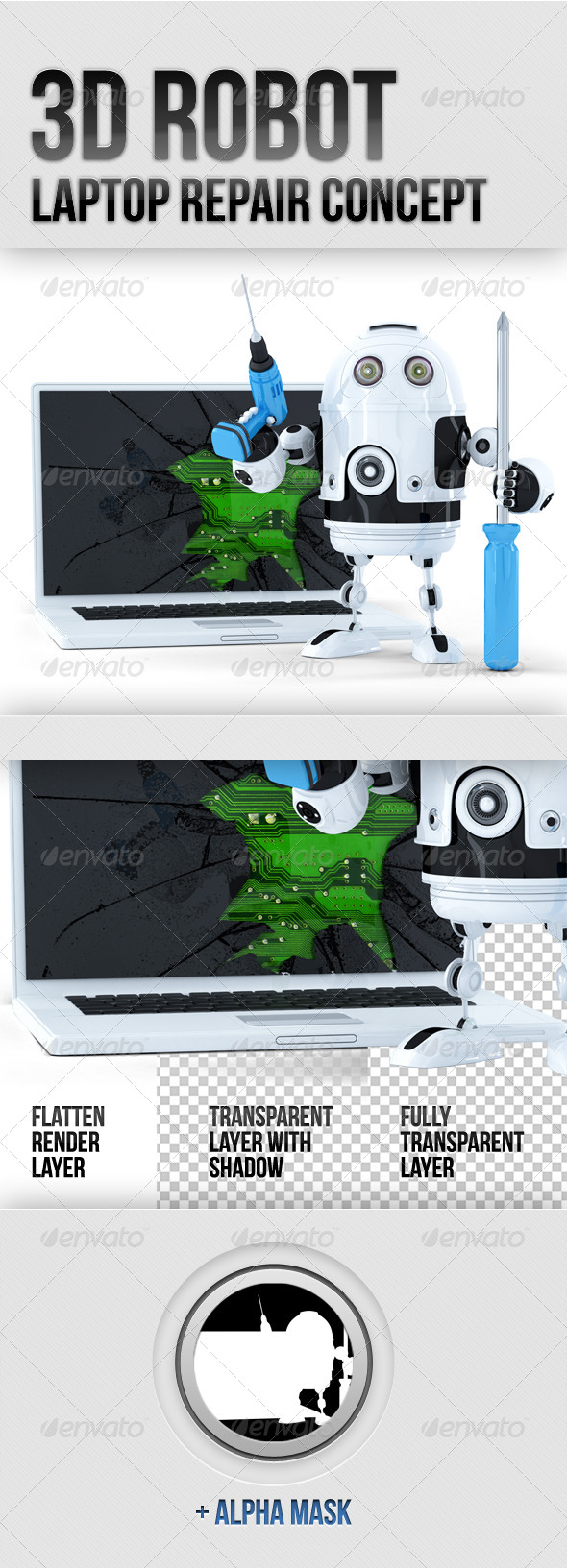 3D Robot with Broken Laptop - Technology 3D Renders