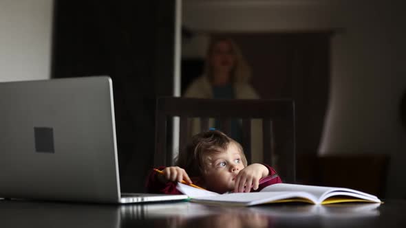 Little boy play with notebook, stickers and parents laptop at table at home alt