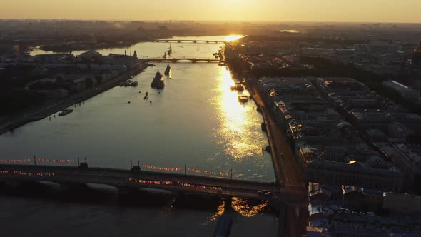 Aerial Morning Cityscape with Warships in the Waters of the Neva River Before the Holiday of the alt