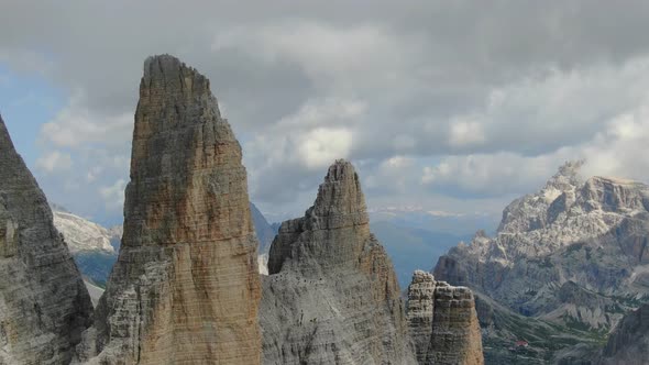 Aerial view of Tre Cime di Lavaredo mountain peaks in Dolomites, Italy, Europe alt