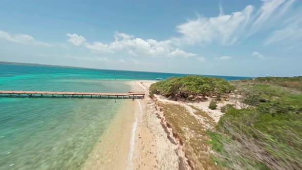 Aerial drone fpv along beautiful and pristine coast of Isla Cabra, Montecristi in Dominican Republic alt