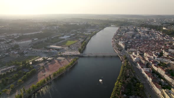 Bridge over Mondego river in Coimbra, Portugal. Aerial panoramic view