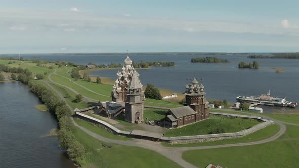 a Cinematic Shot From the Air Around the Wooden Walkway of Kizhi