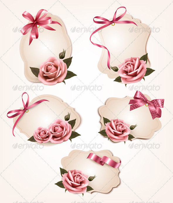 Collection of Retro Greeting Cards with Pink Roses - Seasons/Holidays Conceptual