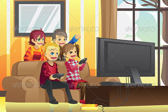 Kids Playing Video Games - People Characters