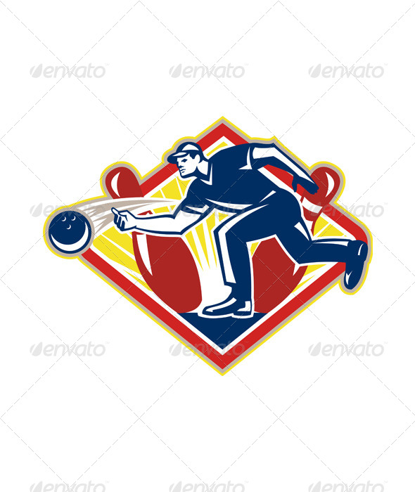 Bowler Bowling Ball Pins Side Retro - Sports/Activity Conceptual