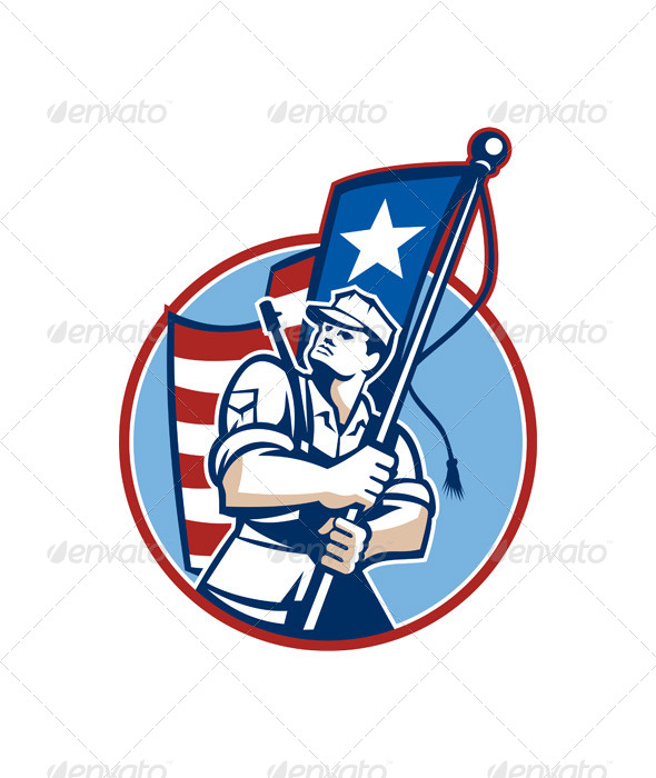 American Patriot Serviceman Soldier Flag Retro - People Characters