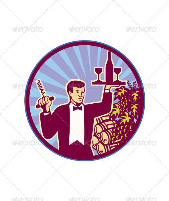 Waiter Serving Wine Glass Bottle Retro - Animals Characters
