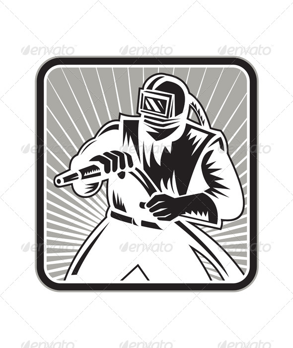 Sandblaster Sand Blaster Woodcut Retro - People Characters