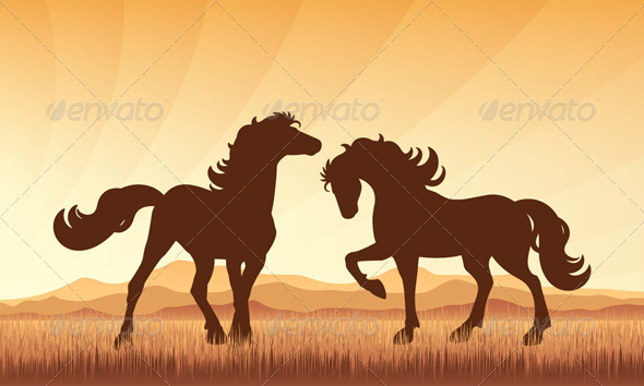 Horses on Field with Sunset Background - Animals Characters