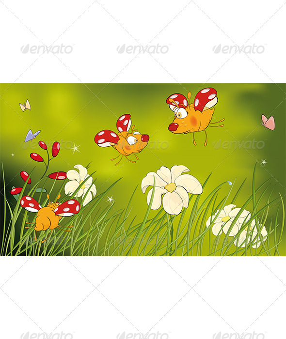 Ladybirds and Flower Glade Cartoon - Seasons/Holidays Conceptual