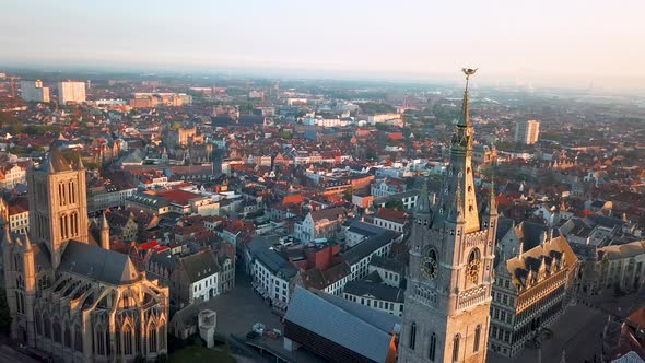 Drone Aerial Parallax shot of Old Bell Tower & Old Ghent. Aerial shot Het Belfort Van Gent, Ghent, B alt