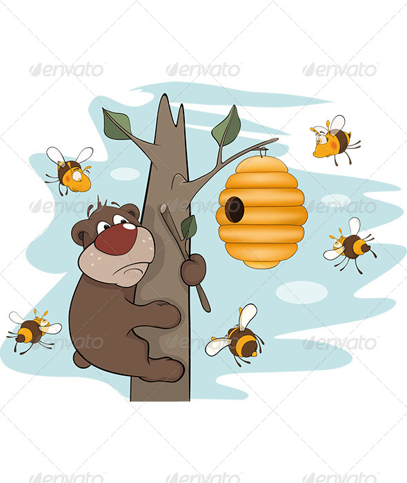 Bear Cub and Bees Cartoon - Animals Characters