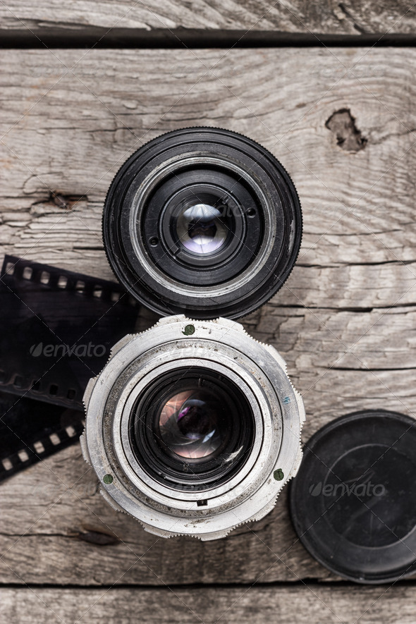 Retro Camera Lenses And Negative Film - Stock Photo - Images