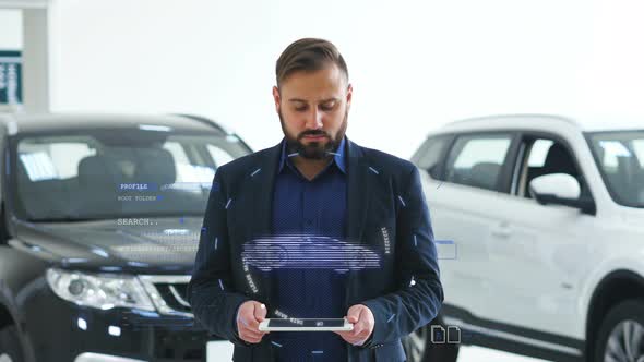 A Man Holds a Hologram of the Car